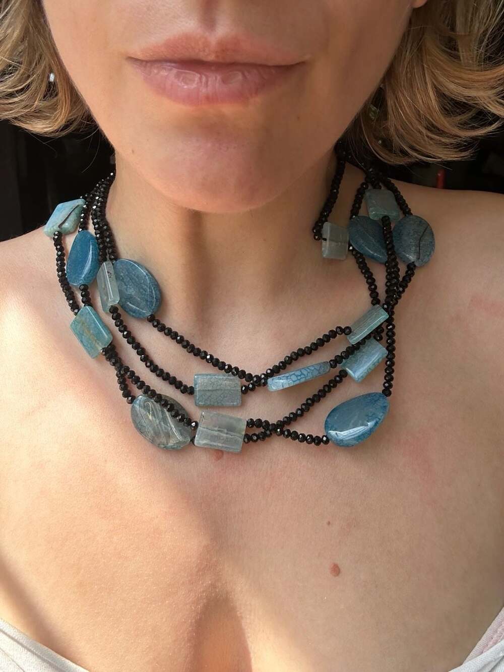 Multistrand Blue Gemstone and Black Beaded Statement Necklace